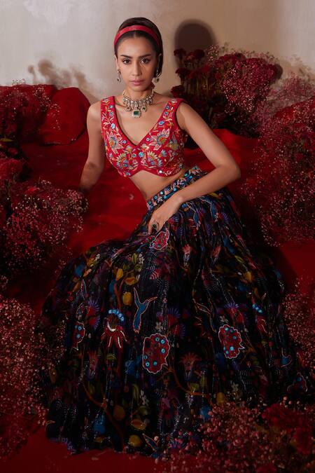 Buy_Tarini Vij_Blue Chiffon, Silk, Modal Mirrors, Beads, Sequins, Midnight Lehenga Set _Online_at_Aza_Fashions