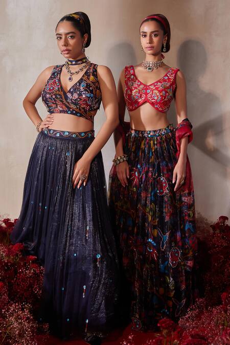 Shop_Tarini Vij_Blue Chiffon, Silk, Modal Mirrors, Beads, Sequins, Midnight Lehenga Set _Online_at_Aza_Fashions