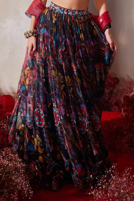 Tarini Vij_Blue Chiffon, Silk, Modal Mirrors, Beads, Sequins, Midnight Lehenga Set _at_Aza_Fashions