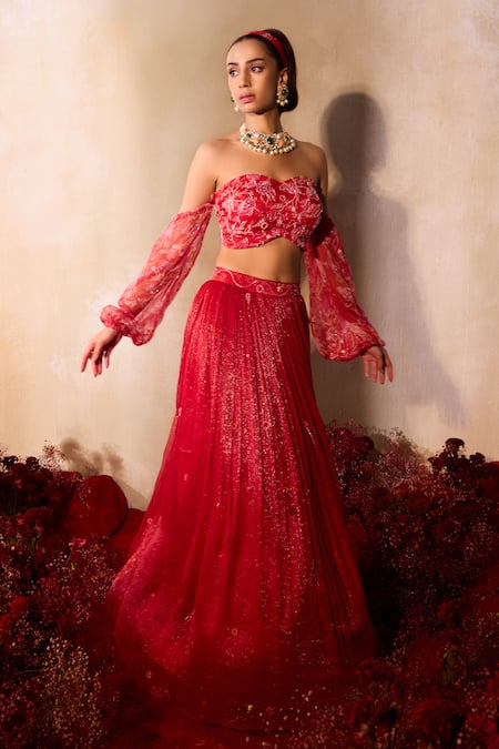 Tarini Vij_Red Chiffon Beads, Mirrors, Sequins, Embroidery Shimmer Fusion Lehenga Set _Online_at_Aza_Fashions