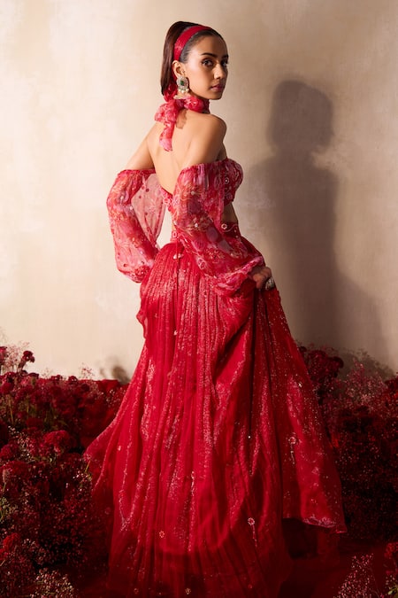 Buy_Tarini Vij_Red Chiffon Beads, Mirrors, Sequins, Embroidery Shimmer Fusion Lehenga Set _Online_at_Aza_Fashions