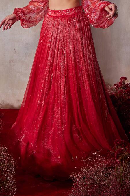 Shop_Tarini Vij_Red Chiffon Beads, Mirrors, Sequins, Embroidery Shimmer Fusion Lehenga Set _Online_at_Aza_Fashions