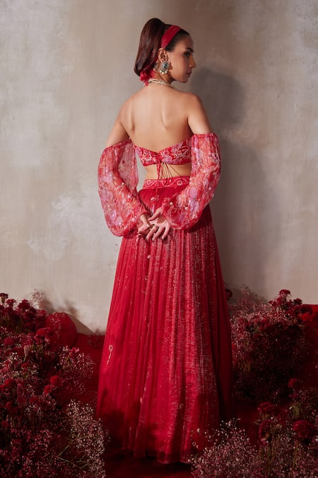 Tarini Vij Red Shimmer Chiffon Fusion Lehenga Set 