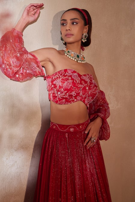 Tarini Vij_Red Chiffon Beads, Mirrors, Sequins, Embroidery Shimmer Fusion Lehenga Set _at_Aza_Fashions