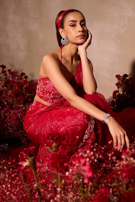 Tarini Vij_Red Chiffon Embroidery, Sequins, Mirrors, Beads Shimmer Pre-draped Saree Set _Online_at_Aza_Fashions