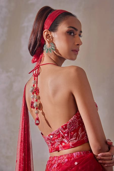 Shop_Tarini Vij_Red Chiffon Embroidery, Sequins, Mirrors, Beads Shimmer Pre-draped Saree Set _Online_at_Aza_Fashions