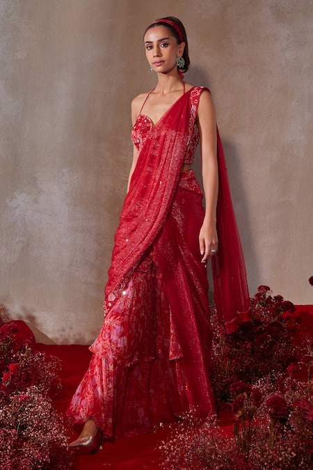 Tarini Vij Red Shimmer Chiffon Pre-Draped Saree Set 