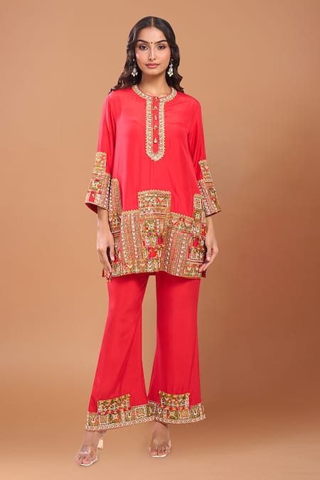 Debyani + Co Embroidered Red Kurta Set With Palazzo 