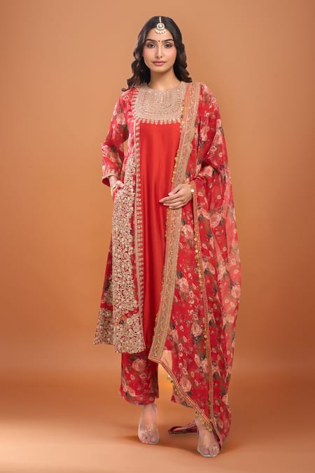 Debyani + Co Red Organza Embroidery Round Neck Chota Gulab Kurta Set With Polka Dupatta 