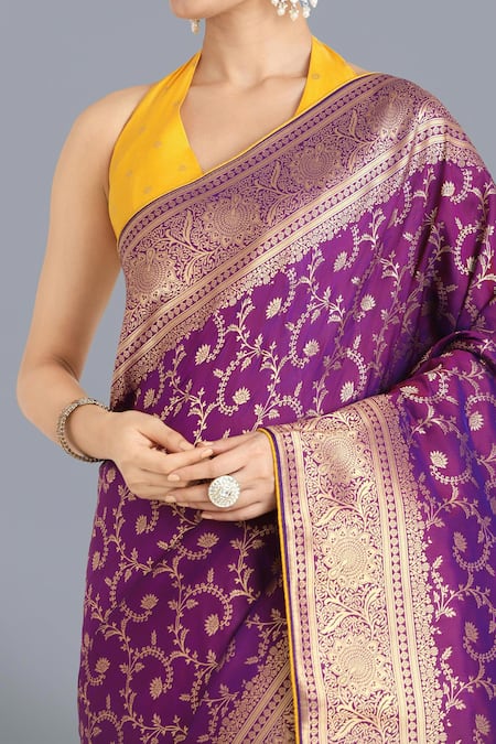 Naintara Bajaj Purple Zari Halter Neck Banarasi Silk Saree And Blouse Set at Aza Fashions Naintara Bajaj_Purple Zari Halter Neck Banarasi Silk Saree And Blouse Set _at_Aza_Fashions