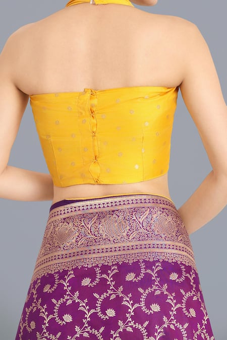 Shop Naintara Bajaj Purple Zari Halter Neck Banarasi Silk Saree And Blouse Set Shop_Naintara Bajaj_Purple Zari Halter Neck Banarasi Silk Saree And Blouse Set