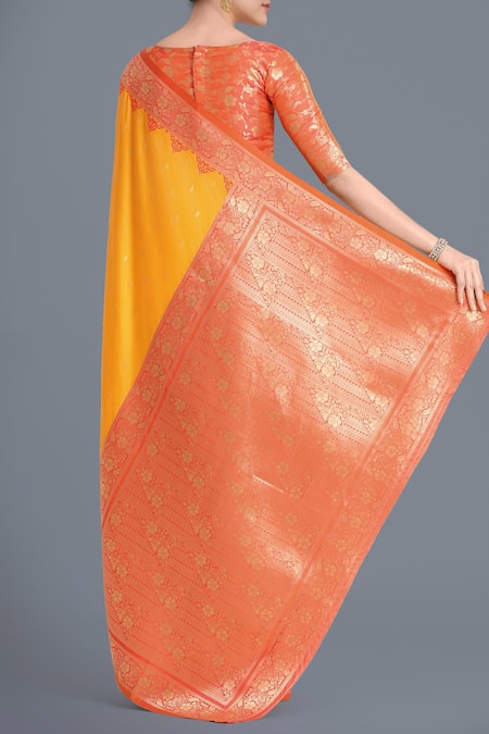 Shop Naintara Bajaj Yellow Zari, Embroidery Round Neck Banarasi Silk Saree Set at Aza Fashions Shop_Naintara Bajaj_Yellow Zari, Embroidery Round Neck Banarasi Silk Saree Set _at_Aza_Fashions