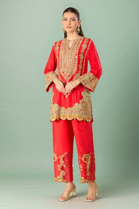Debyani + Co Red Silk Embroidered Kurta Set 