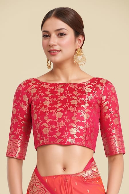 Shop_Naintara Bajaj_Coral Embroidery, Zari Round Neck Pink Banarasi Silk Saree Set 