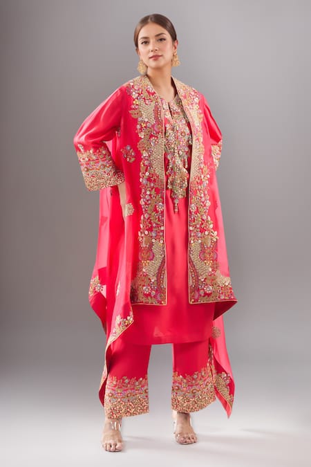 Debyani + Co Red Silk Embroidery Round Neck Resham Meena Cape Pant Set 