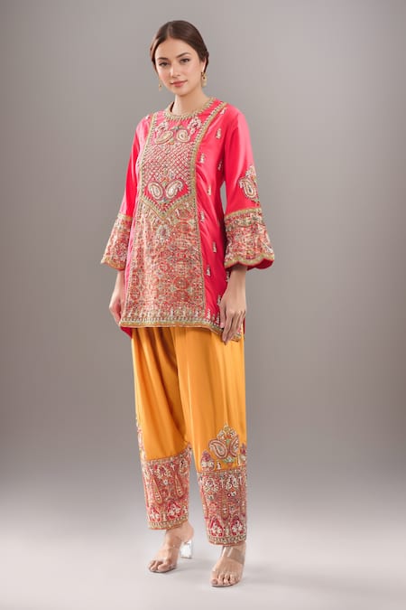 Debyani + Co Pink Silk Zari, Embroidery Round Neck Zardozi Kurta With Salwar 