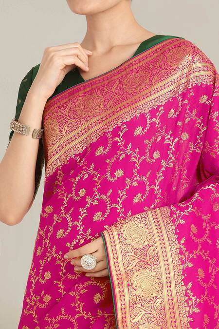 Shop Naintara Bajaj Rose Gold Tassels, Zari V-neck Rani Pink Banarasi Silk Saree Set Online at Aza Fashions Shop_Naintara Bajaj_Rose Gold Tassels, Zari V-neck Rani Pink Banarasi Silk Saree Set _Online_at_Aza_Fashions