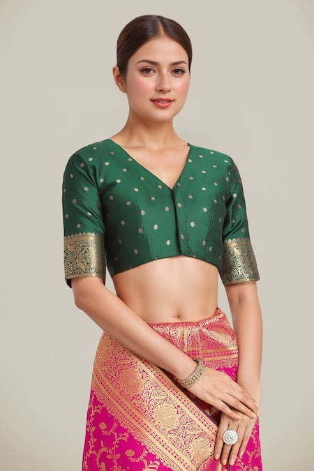 Naintara Bajaj Rose Gold Tassels, Zari V-neck Rani Pink Banarasi Silk Saree Set Online at Aza Fashions Naintara Bajaj_Rose Gold Tassels, Zari V-neck Rani Pink Banarasi Silk Saree Set _Online_at_Aza_Fashions