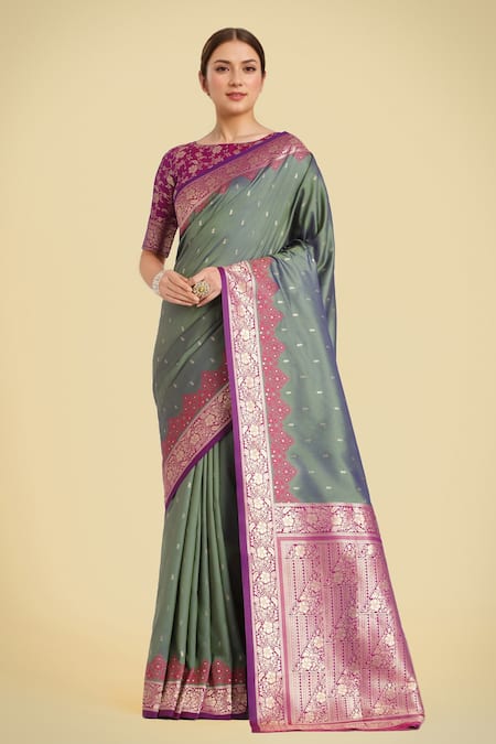 Samyukta Singhania Olive Green Banarasi Silk Saree Set 