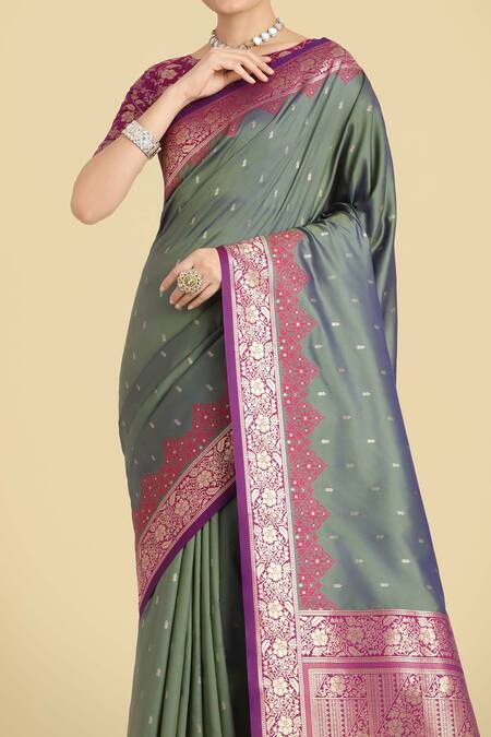 Buy_Naintara Bajaj_Olive Green Zari, Embroidery Round Neck Banarasi Silk Saree Set _Online_at_Aza_Fashions