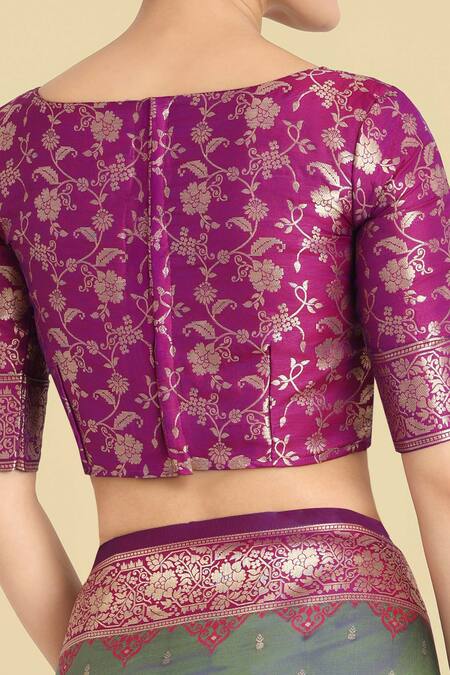 Shop_Naintara Bajaj_Olive Green Zari, Embroidery Round Neck Banarasi Silk Saree Set _Online_at_Aza_Fashions