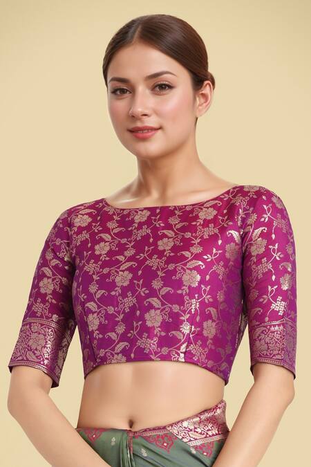 Naintara Bajaj_Olive Green Zari, Embroidery Round Neck Banarasi Silk Saree Set _at_Aza_Fashions