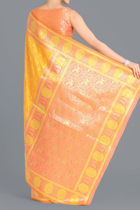 Shop Naintara Bajaj Yellow Round Neck Banarasi Silk Saree Set at Aza Fashions Shop_Naintara Bajaj_Yellow Round Neck Banarasi Silk Saree Set _at_Aza_Fashions