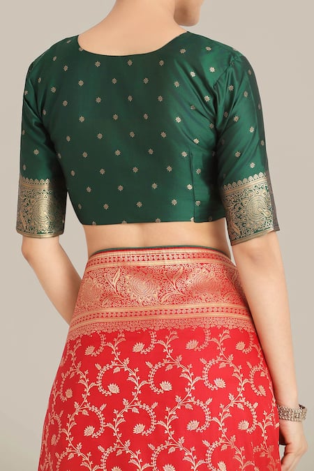 Buy Naintara Bajaj Red Brocade, Silk Tassels V-neck Banarasi Saree And Blouse Set Buy_Naintara Bajaj_Red Brocade, Silk Tassels V-neck Banarasi Saree And Blouse Set