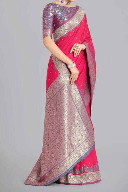 Buy Naintara Bajaj Pink Zari, Embroidery Round Neck Banarasi Silk Saree Set Online at Aza Fashions Buy_Naintara Bajaj_Pink Zari, Embroidery Round Neck Banarasi Silk Saree Set _Online_at_Aza_Fashions