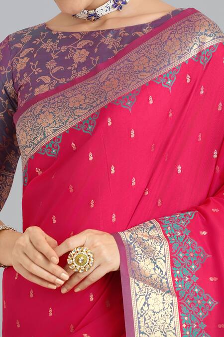 Shop Naintara Bajaj Pink Zari, Embroidery Round Neck Banarasi Silk Saree Set Online at Aza Fashions Shop_Naintara Bajaj_Pink Zari, Embroidery Round Neck Banarasi Silk Saree Set _Online_at_Aza_Fashions