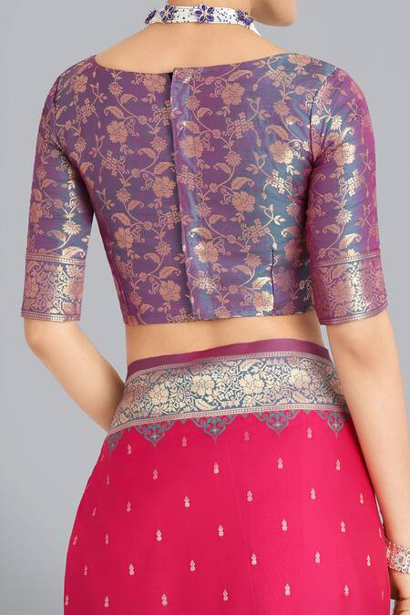 Naintara Bajaj Pink Zari, Embroidery Round Neck Banarasi Silk Saree Set at Aza Fashions Naintara Bajaj_Pink Zari, Embroidery Round Neck Banarasi Silk Saree Set _at_Aza_Fashions