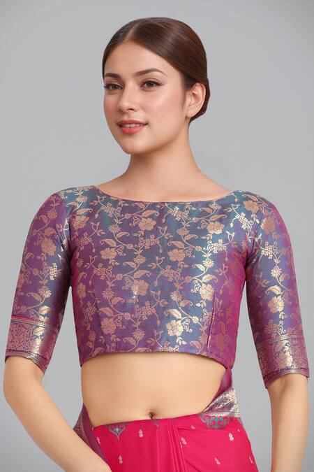 Buy Naintara Bajaj Pink Zari, Embroidery Round Neck Banarasi Silk Saree Set Buy_Naintara Bajaj_Pink Zari, Embroidery Round Neck Banarasi Silk Saree Set