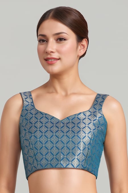 Buy_Naintara Bajaj_Turquoise Brocade, Silk Zari Square Neck Turquiose Blue Banarasi Saree And Blouse 