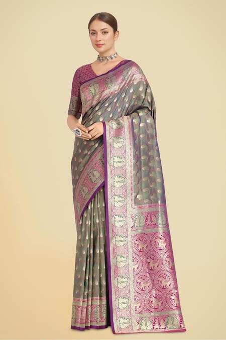 Samyukta Singhania Olive Green Banarasi Silk Saree Set 