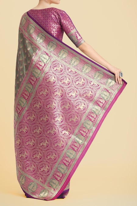Shop Naintara Bajaj Olive Green Zari, Embroidery V-neck Banarasi Silk Saree Set at Aza Fashions Shop_Naintara Bajaj_Olive Green Zari, Embroidery V-neck Banarasi Silk Saree Set _at_Aza_Fashions