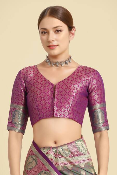 Shop Naintara Bajaj Olive Green Zari, Embroidery V-neck Banarasi Silk Saree Set Online at Aza Fashions Shop_Naintara Bajaj_Olive Green Zari, Embroidery V-neck Banarasi Silk Saree Set _Online_at_Aza_Fashions