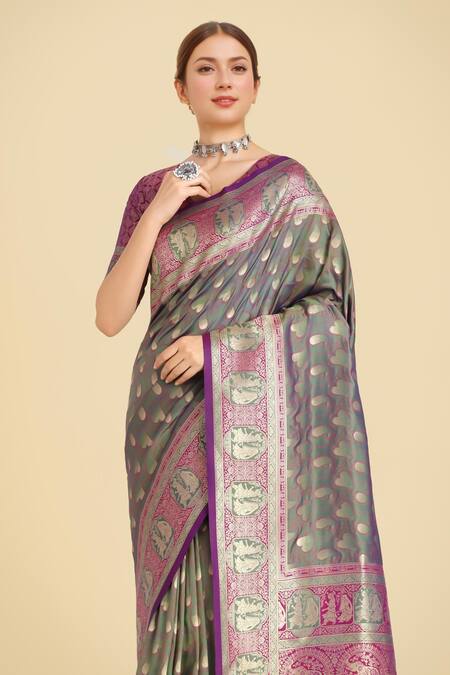 Buy Naintara Bajaj Olive Green Zari, Embroidery V-neck Banarasi Silk Saree Set Buy_Naintara Bajaj_Olive Green Zari, Embroidery V-neck Banarasi Silk Saree Set