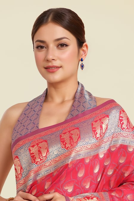 Buy Naintara Bajaj Pink Zari Halter Neck Banarasi Silk Saree Set Buy_Naintara Bajaj_Pink Zari Halter Neck Banarasi Silk Saree Set