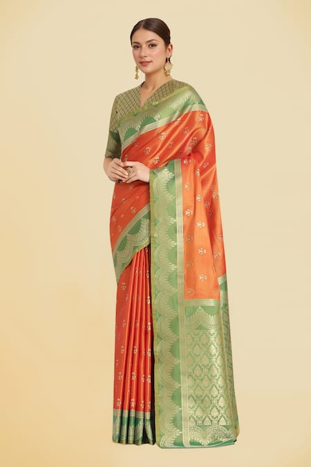 Samyukta Singhania Orange Banarasi Tissue Silk Saree Set 