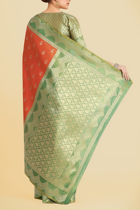 Shop Naintara Bajaj Orange Embroidery V-neck Banarasi Tissue Silk Saree Set at Aza Fashions Shop_Naintara Bajaj_Orange Embroidery V-neck Banarasi Tissue Silk Saree Set _at_Aza_Fashions