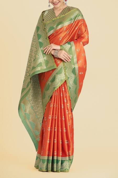 Naintara Bajaj Orange Embroidery V-neck Banarasi Tissue Silk Saree Set Online at Aza Fashions Naintara Bajaj_Orange Embroidery V-neck Banarasi Tissue Silk Saree Set _Online_at_Aza_Fashions