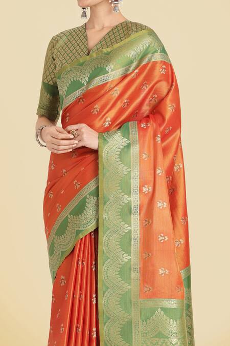 Buy Naintara Bajaj Orange Embroidery V-neck Banarasi Tissue Silk Saree Set Online at Aza Fashions Buy_Naintara Bajaj_Orange Embroidery V-neck Banarasi Tissue Silk Saree Set _Online_at_Aza_Fashions