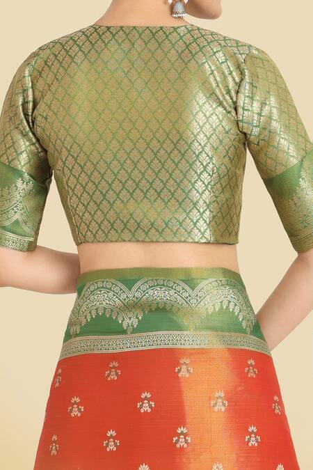 Shop Naintara Bajaj Orange Embroidery V-neck Banarasi Tissue Silk Saree Set Online at Aza Fashions Shop_Naintara Bajaj_Orange Embroidery V-neck Banarasi Tissue Silk Saree Set _Online_at_Aza_Fashions