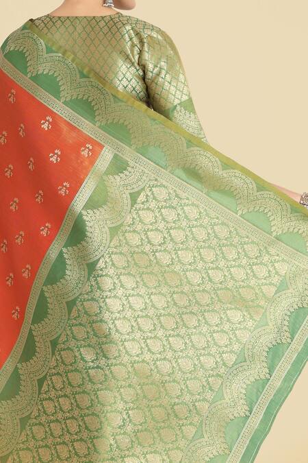 Naintara Bajaj Orange Embroidery V-neck Banarasi Tissue Silk Saree Set at Aza Fashions Naintara Bajaj_Orange Embroidery V-neck Banarasi Tissue Silk Saree Set _at_Aza_Fashions