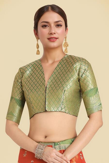 Buy Naintara Bajaj Orange Embroidery V-neck Banarasi Tissue Silk Saree Set Buy_Naintara Bajaj_Orange Embroidery V-neck Banarasi Tissue Silk Saree Set