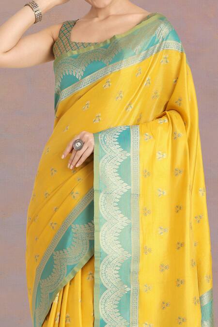 Buy Samyukta Singhania Yellow Embroidery Square Neck Banarasi Tissue Silk Saree Set Online at Aza Fashions Buy_Samyukta Singhania_Yellow Embroidery Square Neck Banarasi Tissue Silk Saree Set _Online_at_Aza_Fashions
