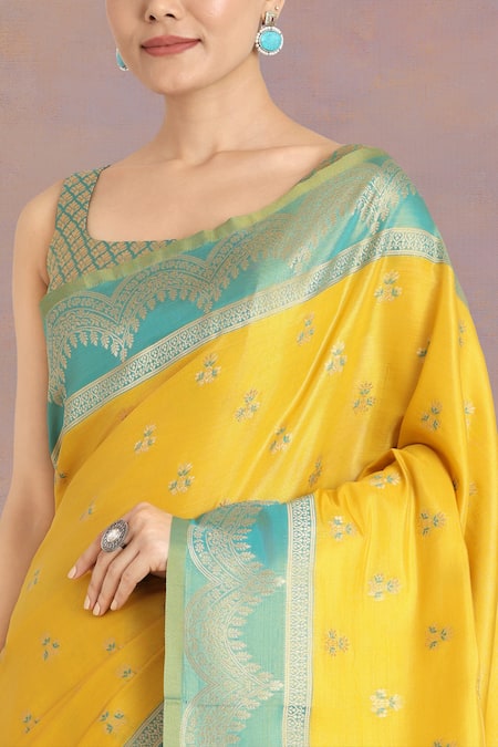 Shop Samyukta Singhania Yellow Embroidery Square Neck Banarasi Tissue Silk Saree Set Online at Aza Fashions Shop_Samyukta Singhania_Yellow Embroidery Square Neck Banarasi Tissue Silk Saree Set _Online_at_Aza_Fashions