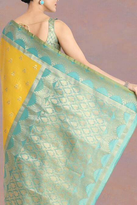 Samyukta Singhania Yellow Embroidery Square Neck Banarasi Tissue Silk Saree Set at Aza Fashions Samyukta Singhania_Yellow Embroidery Square Neck Banarasi Tissue Silk Saree Set _at_Aza_Fashions