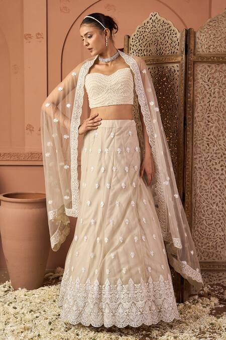 Tasuvure Indes_Beige Net Sequins, Embroidery Sweetheart Neck Lehenga Set _Online_at_Aza_Fashions