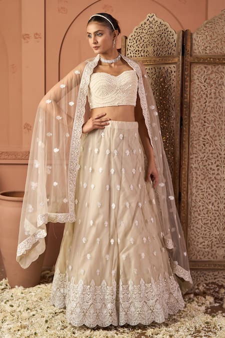 Buy_Tasuvure Indes_Beige Net Sequins, Embroidery Sweetheart Neck Lehenga Set _Online_at_Aza_Fashions